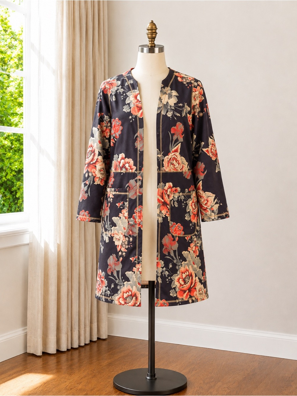 Floral Open-Front Long Robe - Brown with Coral Blooms
